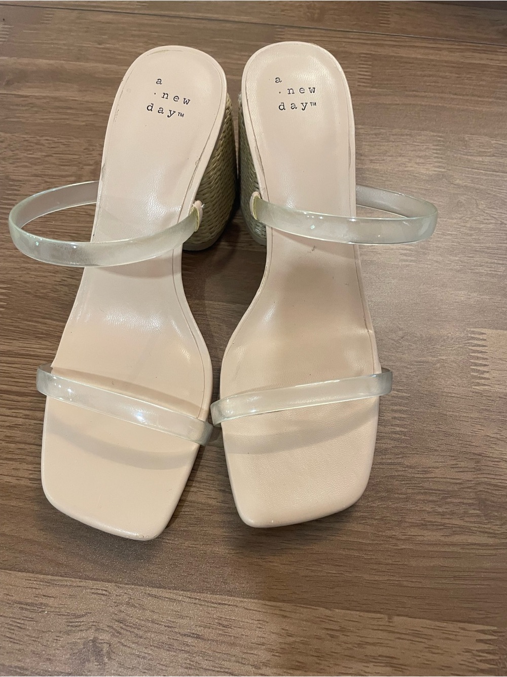 a new day Cream Square Toe Wedge Sandals with Clear Straps